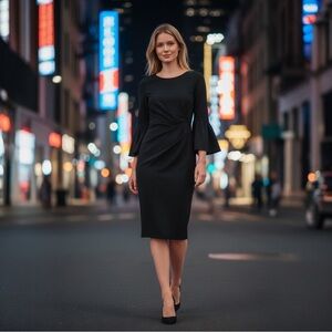 Adrianna Papell Black Bell Sleeve Sheath Dress | Size 10 Regular